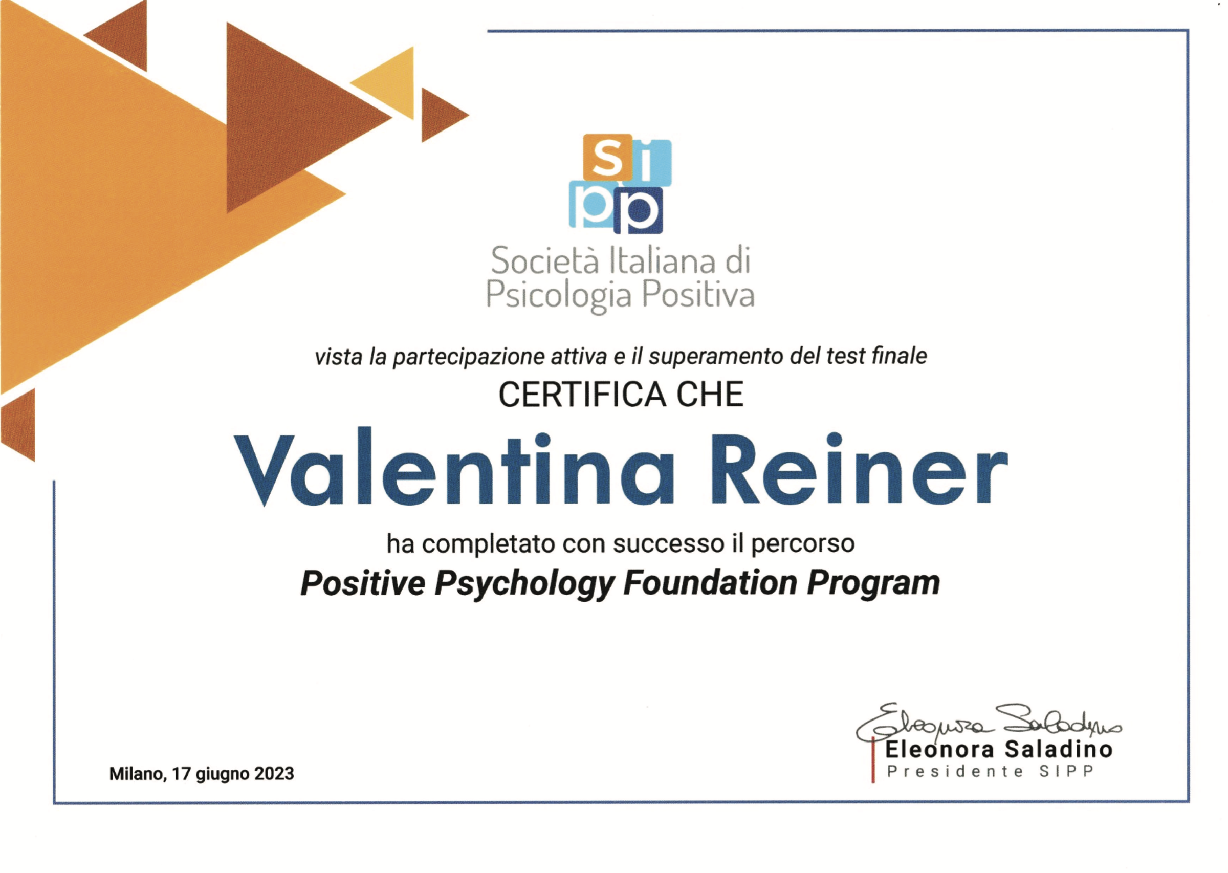 valentina reiner certificato positive psychology foundation program